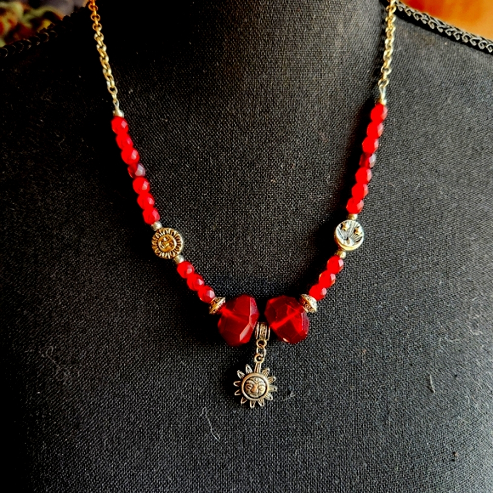 Handmade Czech Glass Beaded Necklace with Sunburst Pendant – Unique Artisan Jew